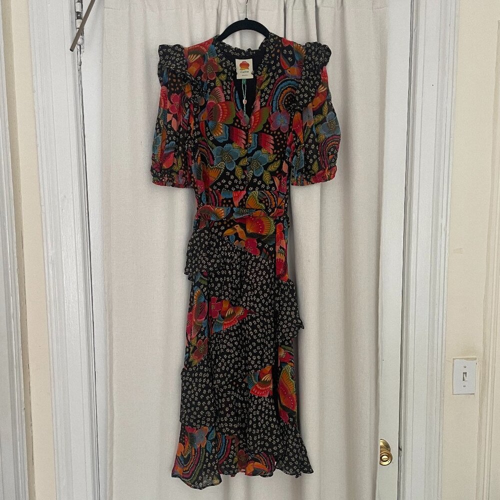 Farm Rio Toucanfly Midi Dress - Black - Picture 1 of 7